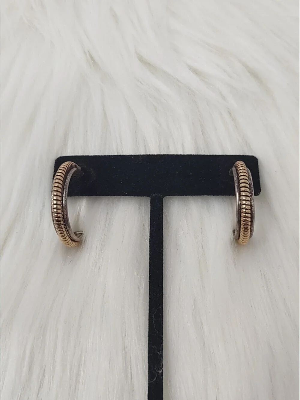 VTG 12K GF Sterling 925 Hoop Earrings Mixed Metal Ribbed